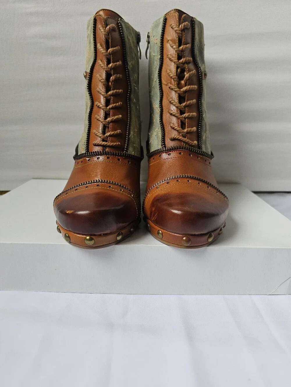 Steampunk Leather and Denim Ankle Boots with Zipper and Stud Details - Size 40